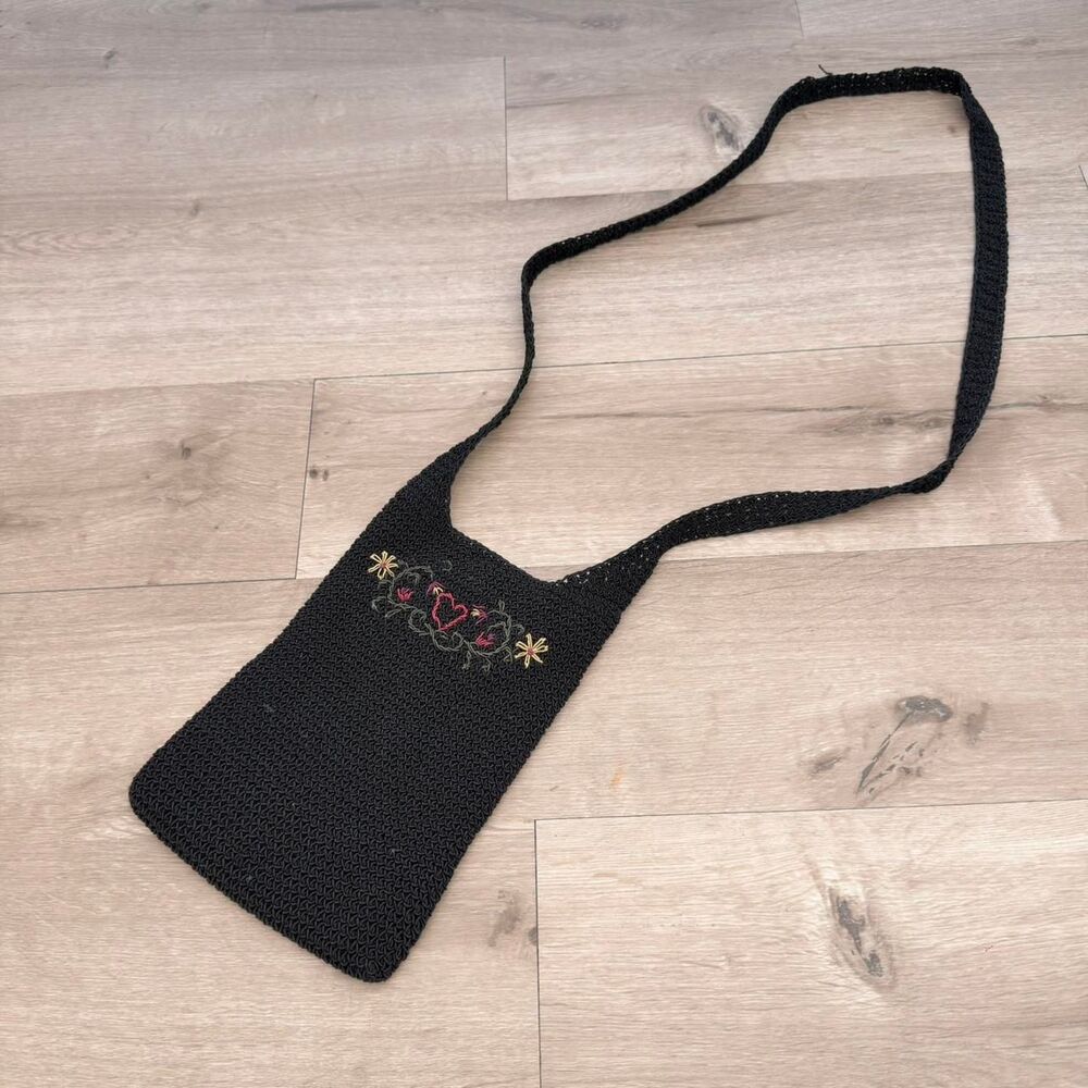 VTG 90s Black Crochet Mini Purse Floral Embroidery Cottage Festival Coastal Boho